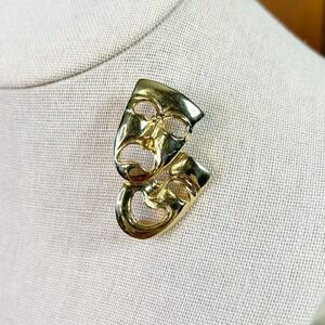 Vintage Kellner Signed Gold Tone Theater  Masks Brooch Pin Novelty Drama